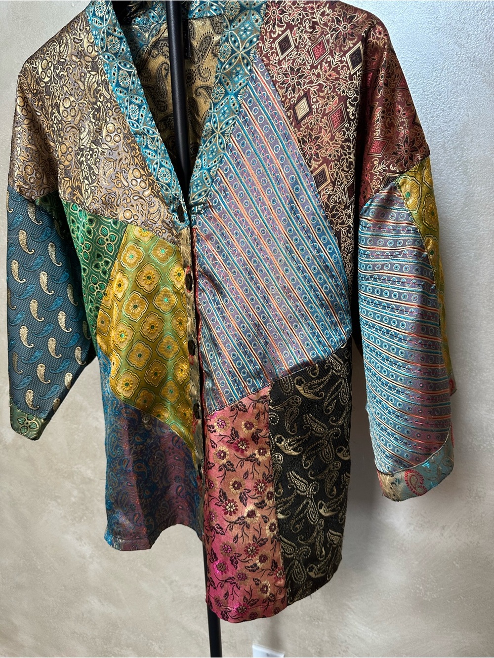 Sacred Threads Multicolor Patchwork Satin Button-Front Top - Picture 3 of 13